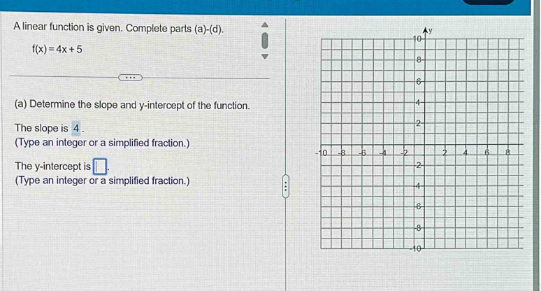 A linear function is given. Complete parts (a)-(d).
f(x)=4x+5
(a) Determine the slope and y-intercept of the function. 
The slope is 4. 
(Type an integer or a simplified fraction.) 
The y-intercept is □. 
(Type an integer or a simplified fraction.)