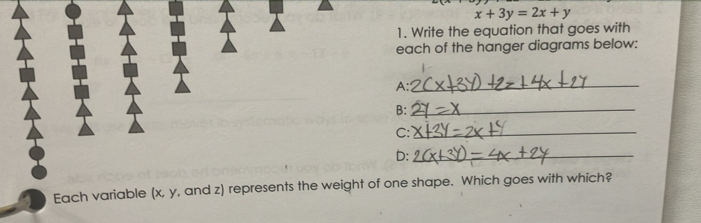 x+3y=2x+y
1. Write the equation that goes with 
each of the hanger diagrams below: 
A:_ 
B:_ 
C:_ 
D:_ 
Each variable (x, y, and z) represents the weight of one shape. Which goes with which?