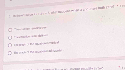 In the equation Ax+By=5 , what happens when A and B are both zero? * 1 po
The equation remains true
The equation is not defined
The graph of the equation is vertical
The graph of the equation is horizontal
f ar equationor equality in two 1