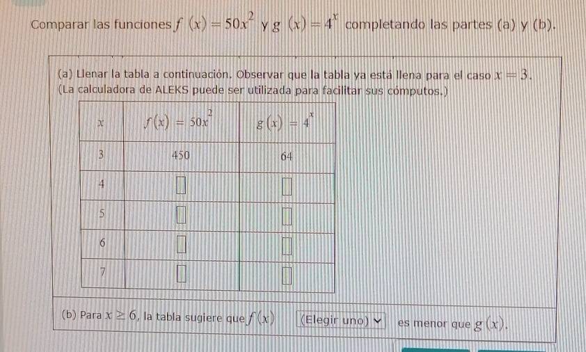 Comparar las funciones f(x)=50x^2 y g(x)=4^x completando las partes (a) y (b).
(a) Llenar la tabla a continuación. Observar que la tabla ya está llena para el caso x=3.
(La calculadora de ALEKS puede ser utilizada para facilitar sus cómputos.)
(b) Para x≥ 6 , la tabla sugiere que f(x) (Elegir uno) es menor que g(x).