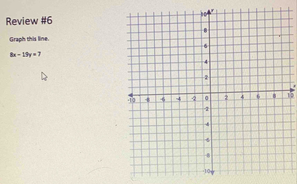 Review #6 
Graph this line.
8x-19y=7
x
10