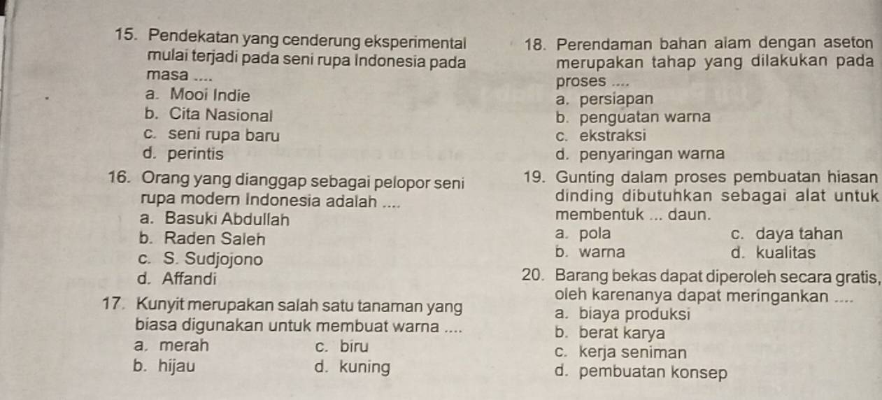 Pendekatan yang cenderung eksperimental 18. Perendaman bahan alam dengan aseton
mulai terjadi pada seni rupa Indonesia pada merupakan tahap yang dilakukan pada
masa .... proses ....
a. Mooi Indie
a. persiapan
b. Cita Nasional b. penguatan warna
c. seni rupa baru c. ekstraksi
d. perintis d. penyaringan warna
16. Orang yang dianggap sebagai pelopor seni 19. Gunting dalam proses pembuatan hiasan
rupa modern Indonesia adalah .... dinding dibutuhkan sebagai alat untuk
a. Basuki Abdullah membentuk ... daun.
b. Raden Saleh a. pola c. daya tahan
c. S. Sudjojono
b. warna d. kualitas
d. Affandi 20. Barang bekas dapat diperoleh secara gratis,
oleh karenanya dapat meringankan ....
17. Kunyit merupakan salah satu tanaman yang a. biaya produksi
biasa digunakan untuk membuat warna .... b. berat karya
a. merah c. biru c. kerja seniman
b. hijau d. kuning d. pembuatan konsep