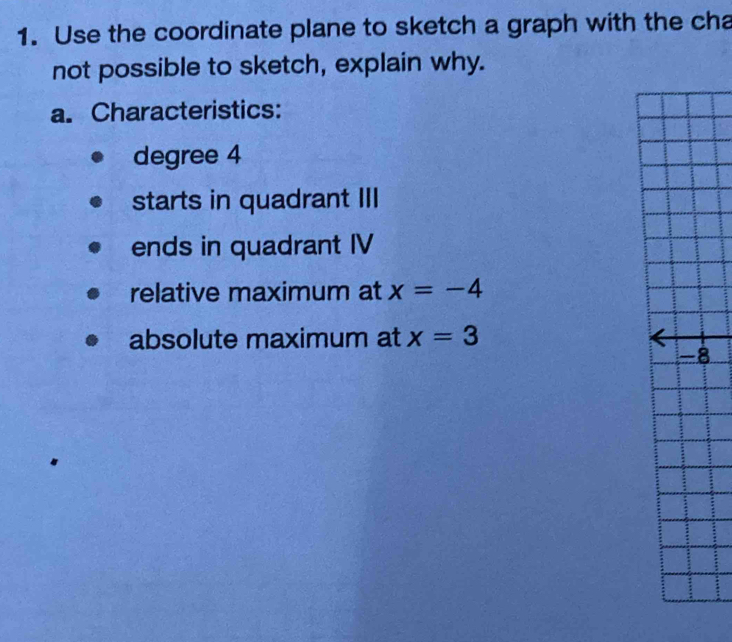 Use the coordinate plane to sketch a graph with the cha
not possible to sketch, explain why.
a. Characteristics:
degree 4
starts in quadrant III
ends in quadrant IV
relative maximum at x=-4
absolute maximum at x=3
-8