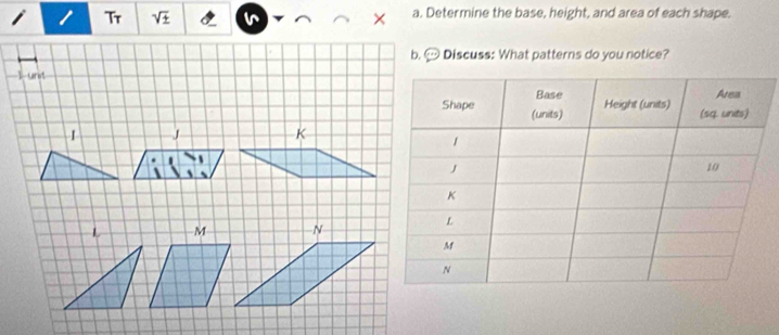 Tr sqrt(± ) a. Determine the base, height, and area of each shape. 
Discuss: What patterns do you notice?