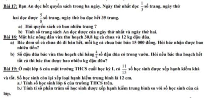 Bạn An đọc hết quyển sách trong ba ngày. Ngày thứ nhất đọc  1/3  số trang, ngày thứ 
hai đọc được  5/8  số trang, ngày thứ ba đọc hết 35 trang. 
a) Hỏi quyến sách có bao nhiêu trang ? 
b) Tính số trang sách An đọc được của ngày thứ nhất và ngày thứ hai. 
Bài 18: Một bác nông dân vừa thu hoạch 30, 8 kg cả chua và 12 kg đậu đũa. 
a) Bác đem số cà chua đó đi bán hết, mỗi kg cà chua bác bán 15 000 đồng. Hỏi bác nhận được bao 
nhiêu tiền? 
b) Số đậu đũa bác vừa thu hoạch chỉ bằng  2/5  số đậu đũa có trong vườn. Hỏi nếu bác thu hoạch hết 
tất cả thì bác thu được bao nhiêu kg đậu đũa? 
Bài 19: Ở một lớp 6 của một trường THCS cuối học kỳ I, có  11/15  số học sinh được xếp hạnh kiếm khá 
và tốt. Số học sinh còn lại xếp loại hạnh kiểm trung bình là 12 em. 
a./ Tính số học sinh lớp 6 của trường THCS trên. 
b/ Tính tỉ số phần trăm số học sinh được xếp hạnh kiếm trung bình so với số học sinh của cá 
lớp.