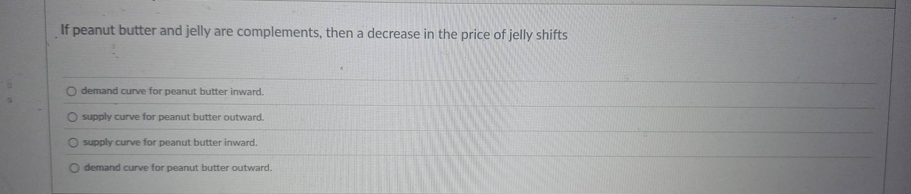 If peanut butter and jelly are complements, then a decrease in the price of jelly shifts
demand curve for peanut butter inward.
supply curve for peanut butter outward.
supply curve for peanut butter inward.
demand curve for peanut butter outward.