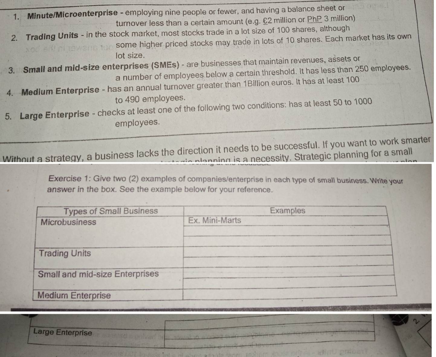Minute/Microenterprise - employing nine people or fewer, and having a balance sheet or 
turnover less than a certain amount (e.g. £2 million or PhP 3 million) 
2. Trading Units - in the stock market, most stocks trade in a lot size of 100 shares, although 
some higher priced stocks may trade in lots of 10 shares. Each market has its own 
lot size. 
3. Small and mid-size enterprises (SMEs) - are businesses that maintain revenues, assets or 
a number of employees below a certain threshold. It has less than 250 employees. 
4. Medium Enterprise - has an annual turnover greater than 1Billion euros. It has at least 100
to 490 employees. 
5. Large Enterprise - checks at least one of the following two conditions: has at least 50 to 1000
employees. 
Without a strategy, a business lacks the direction it needs to be successful. If you want to work smarter 
p anning is a necessity. Strategic planning for a small 
Exercise 1: Give two (2) examples of companies/enterprise in each type of small business. Write your 
answer in the box. See the example below for your reference. 
2