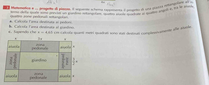 4x
Motemotico e ... progetto di piozzo. Il seguente schema rappresenta il progetto di una piazza rettangolare allín
terno della quale sono previsti un giardino rettangolare, quattro aiuole quadrate ai quattro angoli e, tra le aiuol
quattro zone pedonali rettangolari.
a. Calcola l’area destinata ai pedoni.
b. Calcola l’area destinata al giardino.
c. Sapendo che x=4,65cm calcola quanti metri quadrati sono stati destinati complessivamente alle aiuole