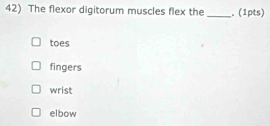 The flexor digitorum muscles flex the _. (1pts)
toes
fingers
wrist
elbow