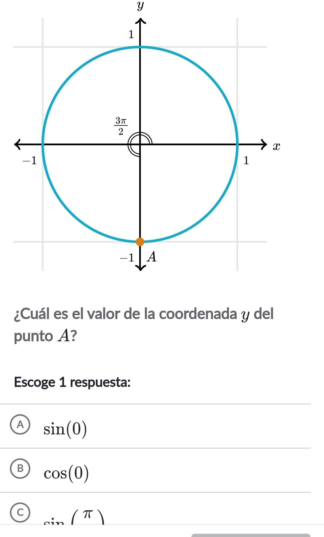 ¿Cuál es el valor de la coordenada y del
punto A?
Escoge 1 respuesta:
A sin (0)
cos (0)
C sin (π )