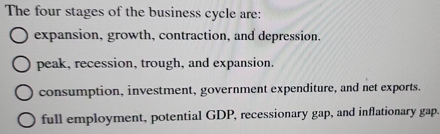 Solved: The four stages of the business cycle are: expansion, growth ...