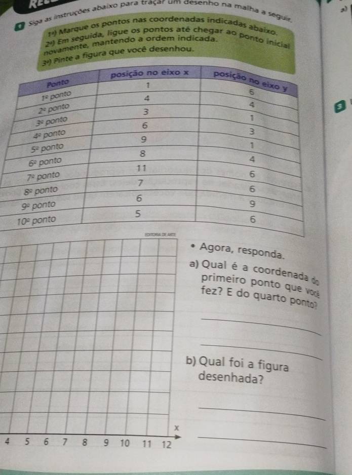 REL
a)
Siga as instruções abaixo para traçar um desenho na malha a seguir.
1^2) Marque os pontos nas coordenadas indicadas abaixo
2^4) Em seguida, ligue os pontos até chegar ao ponto inicial
novamente, mantendo a ordem indicada.
Pinte a figura que você desenhou.
Agora, responda.
Qual é a coordenada do
primeiro ponto que vo
fez? E do quarto ponto
_
_
Qual foi a figura
desenhada?
_
4
_