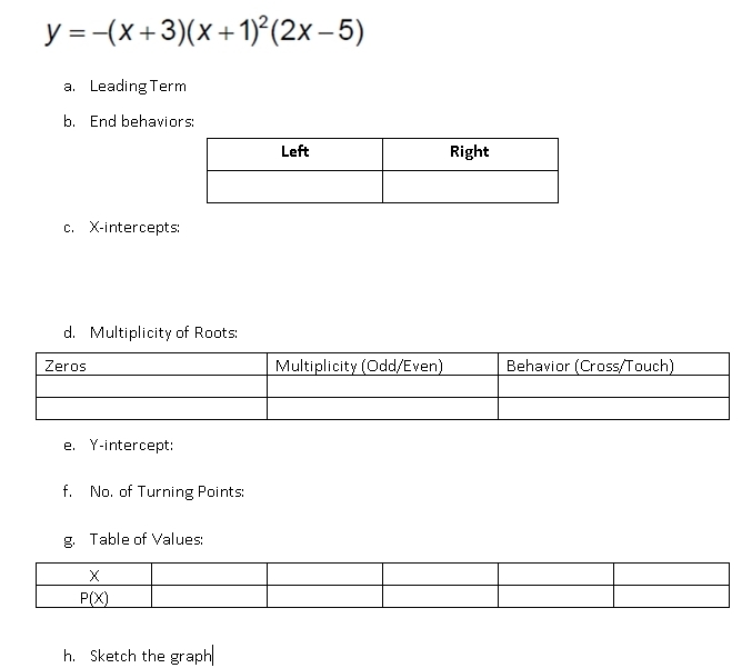 y=-(x+3)(x+1)^2(2x-5)
a. Leading Term
b. End behaviors:
c. X-intercepts:
d. Multiplicity of Roots:
e. Y-intercept:
f, No, of Turning Points:
g. Table of Values:
h. Sketch the graph