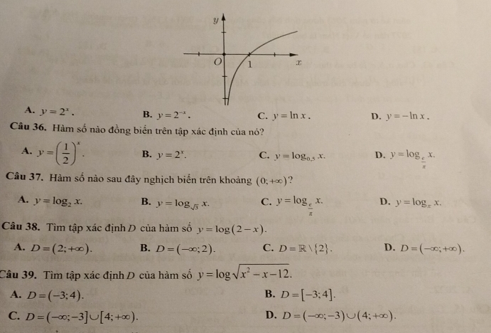 A. y=2^x. B. y=2^(-x). C. y=ln x. D. y=-ln x. 
Câu 36. Hàm số nào đồng biển trên tập xác định của nó?
A. y=( 1/2 )^x. B. y=2^x. C. y=log _0.5x. D. y=log _ e/π  x. 
Câu 37. Hàm số nào sau đây nghịch biển trên khoảng (0;+∈fty ) ?
A. y=log _2x. B. y=log _sqrt(3)x. C. y=log _ e/π  x. D. y=log _π x. 
Câu 38. Tìm tập xác định D của hàm số y=log (2-x).
A. D=(2;+∈fty ). B. D=(-∈fty ;2). C. D=R/ 2. D. D=(-∈fty ;+∈fty ). 
Câu 39. Tìm tập xác định D của hàm số y=log sqrt(x^2-x-12).
B.
A. D=(-3;4). D=[-3;4].
C. D=(-∈fty ;-3]∪ [4;+∈fty ). D. D=(-∈fty ;-3)∪ (4;+∈fty ).