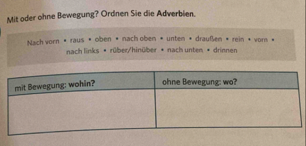 Mit oder ohne Bewegung? Ordnen Sie die Adverbien. 
Nach vorn • raus • oben • nach oben • unten • draußen • rein • vorn 
nach links • rüber/hinüber • nach unten • drinnen