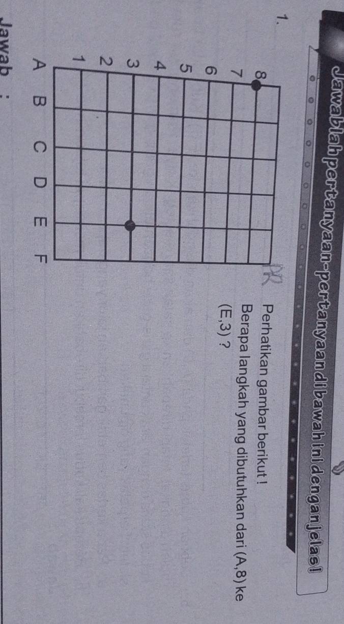 Jawablah pertanyaan-pertanyaan di bawah ini dengan jelas ! 
1. 
Perhatikan gambar berikut ! 
Berapa langkah yang dibutuhkan dari (A,8) ke
(E,3) ? 
Jawab :