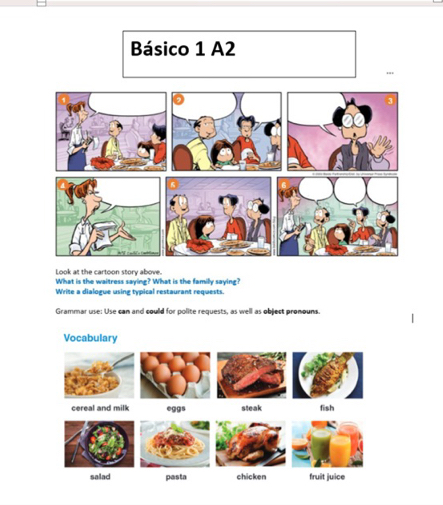 Básico 1 A2 
Look at the cartoon story above. What is the waitress saying? What is the familly saying? 
Wrise a dialogue using typical restaurant requests. 
Grammar use: Use can and could for polite requests, as well as object pronouns 
Vocabulary 
cereal and milk eggs steak fish 
salad pasta chicken fruit juice