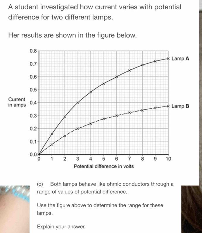 A student investigated how current varies with potential 
difference for two different lamps. 
Her results are shown in the figure below.
0.8
Lamp A
0.7
0.6
0.5
Current 
in amps 0.4
Lamp B
0.3
0.2
0.1
0.0
0 1 2 3 4 5 6 7 8 9 10
Potential difference in volts 
(d) Both lamps behave like ohmic conductors through a 
range of values of potential difference. 
Use the figure above to determine the range for these 
lamps. 
Explain your answer.