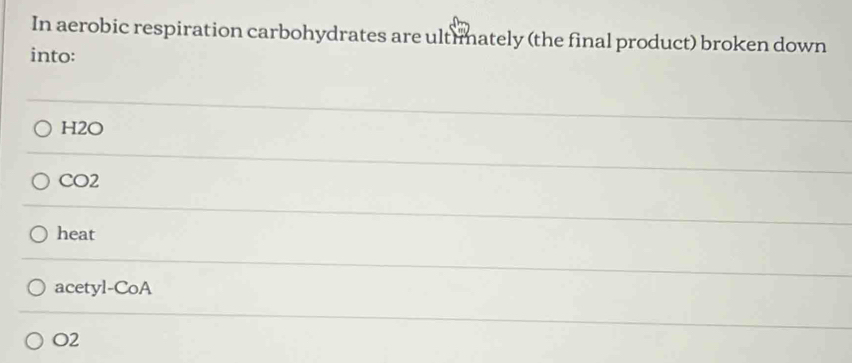 In aerobic respiration carbohydrates are ultimately (the final product) broken down
into:
H2O
CO2
heat
acetyl-CoA
O2