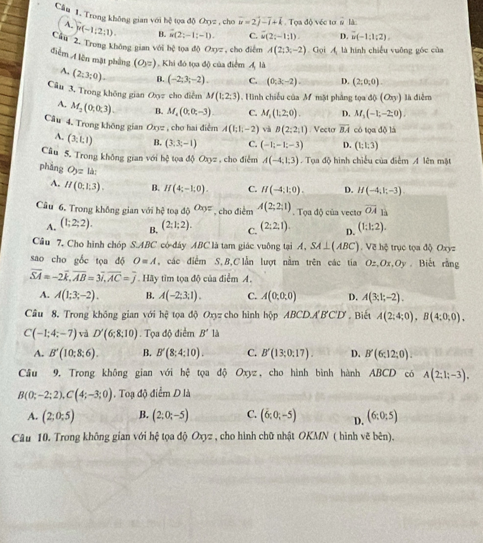 Trong không gian với hệ tọa độ Oxyz , cho vector u=2vector j-vector i+vector k Tọa độ véc tơ # là
A. mu (-1;2;1).
B. vector u(2;-1;-1). C. u(2;-1;1). D. vector u(-1;1;2)
Cầu 2. Trong không gian với hhat 2 tọa độ Oxyz , cho điểm A(2;3;-2) Gọi  là hình chiếu vuông góc của
điểm A lền mặt phầng (O_yz) , Khi đó tọa độ của điểm A_l
A. (2;3;0).
B. (-2;3;-2). C. (0;3;-2). D. (2;0;0).
Câu 3. Trong không gian Ox cho điểm M(1;2;3) Hình chiếu của M mặt phẳng tọa d(Oxy) là điểm
A. M_2(0;0;3). B. M_4(0;0;-3). C. M_1(1;2;0). D. M_3(-1;-2;0).
Câu 4. Trong không gian Oxyz , cho hai điểm A(1;1;-2) và B(2;2;1) Vecto overline BA có tọa độ là
A. (3;1:1)
B. (3;3;-1) C. (-1;-1;-3) D. (1;1;3)
Câu 5. Trong không gian với hệ tọa độ Oxyz , cho điểm A(-4;1;3) Tọa độ hình chiếu của điểm A lên mặt
phàng Oyz là:
A. H(0;1;3). B. H(4;-1;0). C. H(-4;1;0). D. H(-4,1;-3).
Câu 6. Trong không gian với hệ toạ độ Oxy= , cho điểm A(2;2;1). Tọa độ của vectơ overline OA là
A. (1;2;2). (2;1;2). (2;2;1). (1:1:2).
B.
C.
D.
Câu 7. Cho hình chóp S.ABC có đáy ABC là tam giác vuông tại A, SA⊥ (ABC).  Về hệ trục tọa độ Oxyz
sao cho gốc tọa độ Oequiv A , các điểm S,B,C lần lượt nằm trên các tía Oz,( 0x,Oy Biết rằng
overline SA=-2overline k,overline AB=3overline i,overline AC=overline j Hãy tìm tọa độ của điểm A.
A. A(1;3;-2). B. A(-2;3;1). C. A(0;0;0) D. A(3;1;-2).
Câu 8. Trong không gian với hệ tọa độ Oxyz cho hình hộp ABCD.A 'B'C'D' Biết A(2;4;0),B(4;0;0),
C(-1;4;-7) và D'(6;8;10). Tọa độ điểm B'la
A. B'(10;8;6). B. B'(8:4:10). C. B'(13;0:17). D. B'(6;12;0).
Câu 9. Trong không gian với hệ tọa độ Oxyz, cho hình bình hành ABCD có A(2;1;-3),
B(0;-2;2),C(4;-3;0). Toạ độ điểm D là
B.
A. (2;0;5) (2;0;-5) C. (6;0;-5) (6;0;5)
D.
Câu 10. Trong không gian với hệ tọa độ Oxyz , cho hình chữ nhật OKMN ( hình vẽ bên),