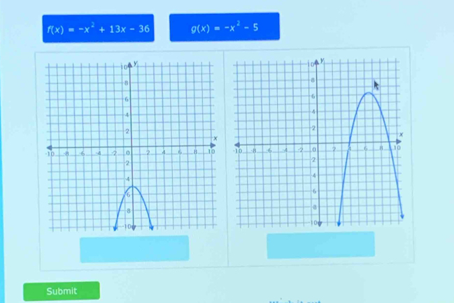 f(x)=-x^2+13x-36 g(x)=-x^2-5
Submit