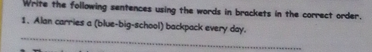 Write the following sentences using the words in brackets in the correct order. 
1. Alan carries a (blue-big-school) backpack every day. 
_