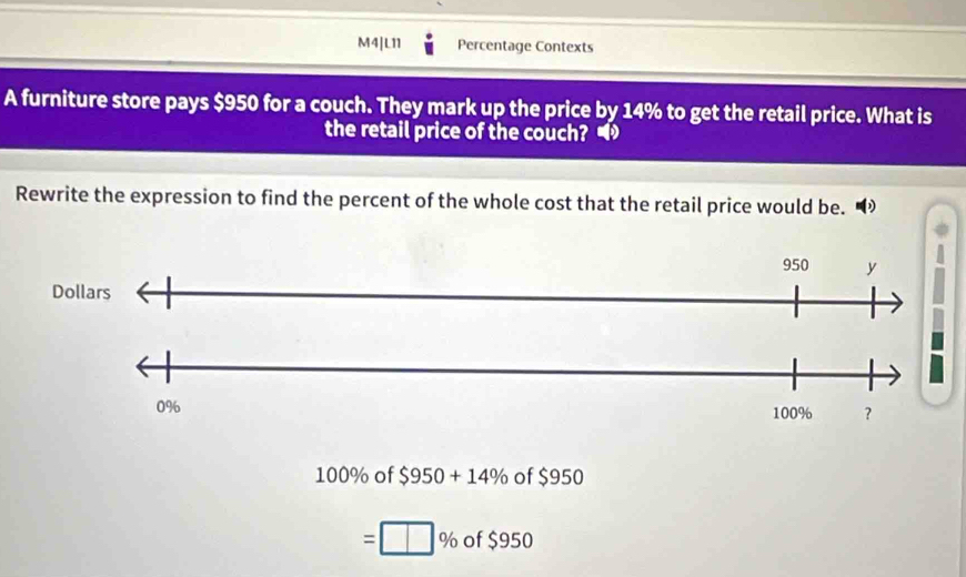 M4|L11 Percentage Contexts
A furniture store pays $950 for a couch. They mark up the price by 14% to get the retail price. What is
the retail price of the couch? 
Rewrite the expression to find the percent of the whole cost that the retail price would be.
950 y
Dollars
0%
100% ?
100% of $950+14% of $950
=□ % of $950