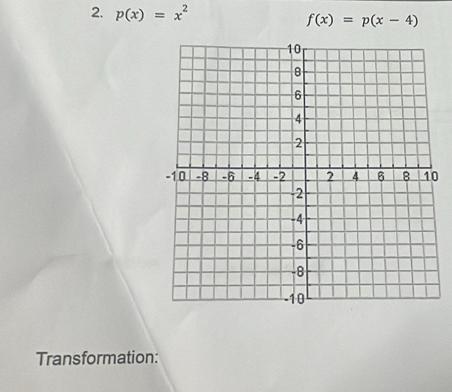 p(x)=x^2 f(x)=p(x-4)
0 
Transformation: