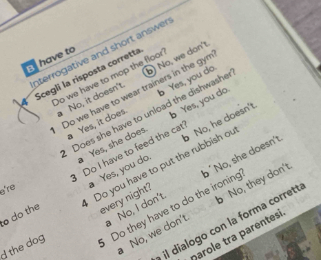 nterrogative and short answer
B have to
A Scegli la risposta corretta
Do we have to mop the floor
a No, it doesn't b) No, we don't
Do we have to wear trainers in the gyn
a Yes, it does. b Yes, you do
Does she have to unload the dishwashe
a Yes, she does b Yes, you do
Do I have to feed the cat No, he doesn't
Do you have to put the rubbish ou
a No, I don't b ´No, she doesn't
o do the a Yes, you do
e’re
every night?
a No, we don't b No, they don't
d the dog Do they have to do the ironing
il dialogo con la forma corrett
parole tra parentesi