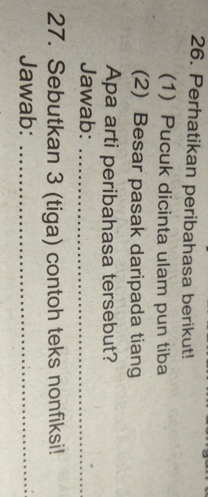Perhatikan peribahasa berikut! 
(1) Pucuk dicinta ulam pun tiba 
(2) Besar pasak daripada tiang 
Apa arti peribahasa tersebut? 
Jawab:_ 
27. Sebutkan 3 (tiga) contoh teks nonfiksi! 
Jawab:_