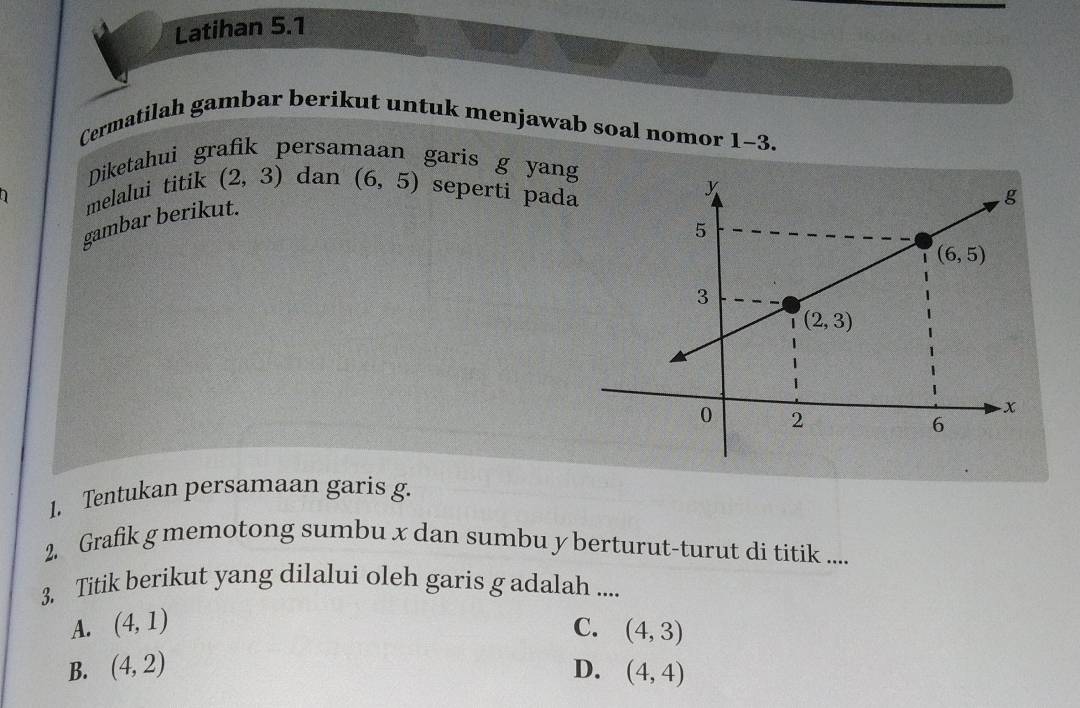 Latihan 5.1
Cermatilah gambar berikut untuk menjawab soal nomor 1-3.
Diketahui grafik persamaan garis g yang
I
melalui titik (2,3) dan (6,5) seperti pada
gambar berikut.
1. Tentukan persamaan garis g.
2. Grafik g memotong sumbu x dan sumbu y berturut-turut di titik .....
3. Titik berikut yang dilalui oleh garis g adalah ....
A. (4,1) C. (4,3)
B. (4,2) D. (4,4)