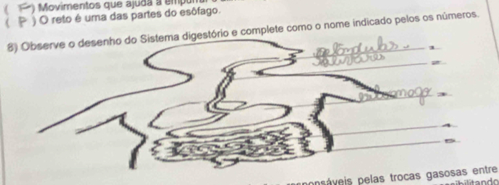 ( ') Movimentos que ajuda a empun 
( ) O reto é uma das partes do esôfago. 
8) Observe o desenho do Sistema digestório e complete como o nome indicado pelos os números. 
opsáveis pelas trocas gasosas entre