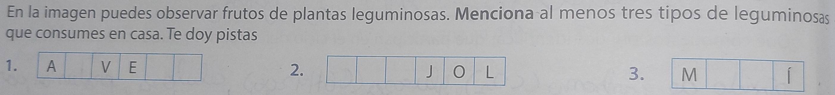 En la imagen puedes observar frutos de plantas leguminosas. Menciona al menos tres tipos de leguminosas 
que consumes en casa. Te doy pistas 
1. A V E 2. J L M
3. 
í