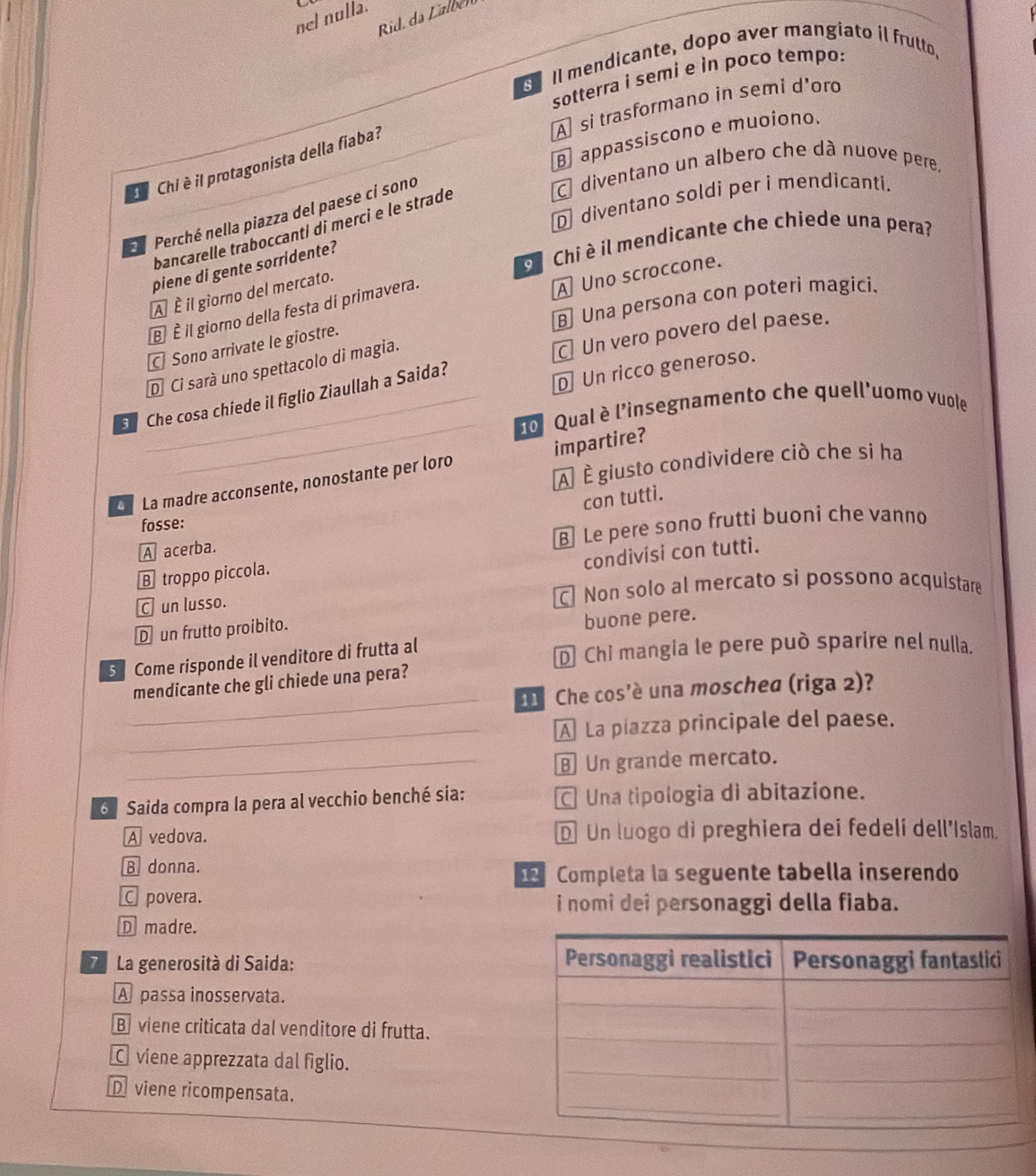 nel nulla.
Rid. da Lalbén
S Il mendicante, dopo aver mangiato il frutto,
sotterra i semi e in poco tempo:
À si trasformano in semi d'ord
B appassiscono e muoiono.
Chi è il protagonista della fiaba?
C diventano un albero che dà nuove pere,
D diventano soldi per i mendicanti.
E Perché nella piazza del paese ci sono
bancarelle traboccanti di merci e le strade
O Chi è il mendicante che chiede una pera?
piene di gente sorridente?
À È il giorno del mercato.
Una persona con poteri magici.
É É il giorno della festa di primavera.
C Sono arrivate le giostre. A Uno scroccone.
C Un vero povero del paese.
Dị Ci sarà uno spettacolo di magia.
Che cosa chiede il figlio Ziaullah a Saida?
D Un ricco generoso.
o Qual è l'insegnamento che quell'uomo vuole
À É giusto condividere ciò che si ha
La madre acconsente, nonostante per loro impartire?
con tutti.
fosse:
B Le pere sono frutti buoni che vanno
A acerba.
condivísi con tutti.
€ troppo piccola.
C un lusso. C] Non solo al mercato si possono acquistare
D un frutto proibito.
buone pere.
5 Come risponde il venditore di frutta al
D Chi mangia le pere può sparire nel nulla.
_
mendicante che gli chiede una pera?
11 Che cos'è una moschea (riga 2)?
_A La piazza principale del paese.
_B Un grande mercato.
Saida compra la pera al vecchio benché sia:  Una tipologia di abitazione.
A vedova. D Un luogo di preghiera dei fedelí dell'Islam.
B donna.
Completa la seguente tabella inserendo
C povera. i nomi dei personaggi della fiaba.
D madre.
Da La generosità di Saida:
A passa inosservata.
B viene criticata dal venditore di frutta.
€ viene apprezzata dal figlio.
Dviene ricompensata.