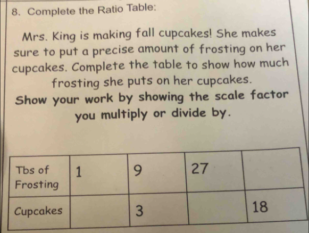 Complete the Ratio Table: 
Mrs. King is making fall cupcakes! She makes 
sure to put a precise amount of frosting on her 
cupcakes. Complete the table to show how much 
frosting she puts on her cupcakes. 
Show your work by showing the scale factor 
you multiply or divide by.