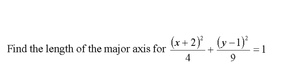 Find the length of the major axis for frac (x+2)^24+frac (y-1)^29=1