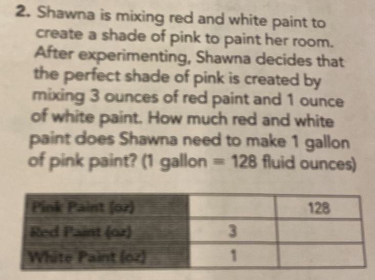 Shawna is mixing red and white paint to
create a shade of pink to paint her room.
After experimenting, Shawna decides that
the perfect shade of pink is created by
mixing 3 ounces of red paint and 1 ounce
of white paint. How much red and white
paint does Shawna need to make 1 gallon
of pink paint? (1 gallon =128 fluid ounces)