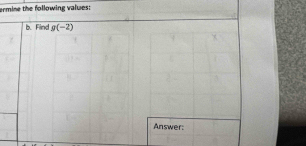 ermine the following values: 
b. Find g(-2)
Answer: