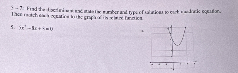 5 - 7: Find the discriminant and state the number and type of solutions to each quadratic equation. 
Then match each equation to the graph of its related function. 
5. 5x^2-8x+3=0
a.