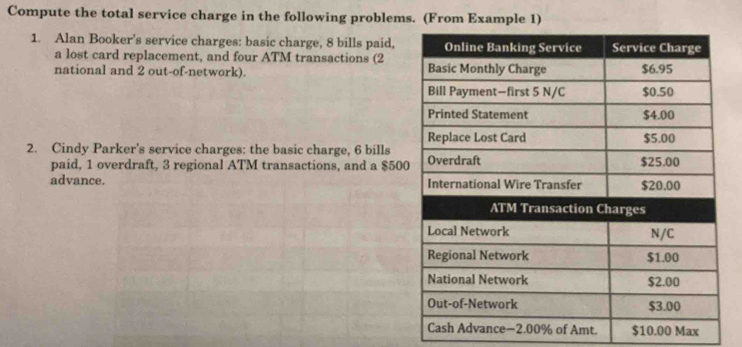 Compute the total service charge in the following problems. (From Example 1) 
1. Alan Booker's service charges: basic charge, 8 bills paid, 
a lost card replacement, and four ATM transactions (2 
national and 2 out-of-network). 
2. Cindy Parker's service charges: the basic charge, 6 bills 
paid, 1 overdraft, 3 regional ATM transactions, and a $500
advance.