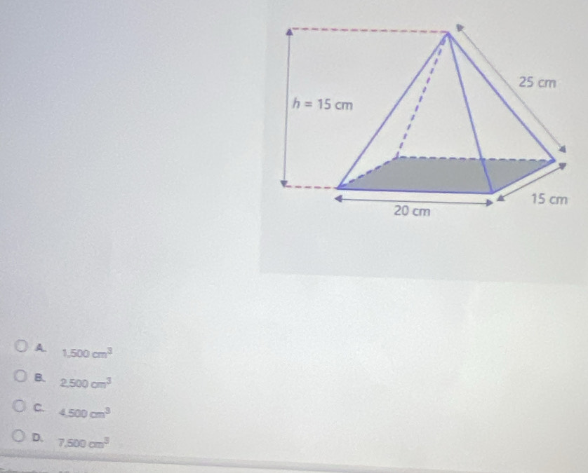 A. 1,500cm^3
B. 2,500cm^3
C. 4500cm^3
D. 7,500cm^3