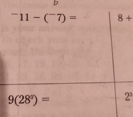 ^-11-(^-7)=
8+
9(28^0)=
2^3