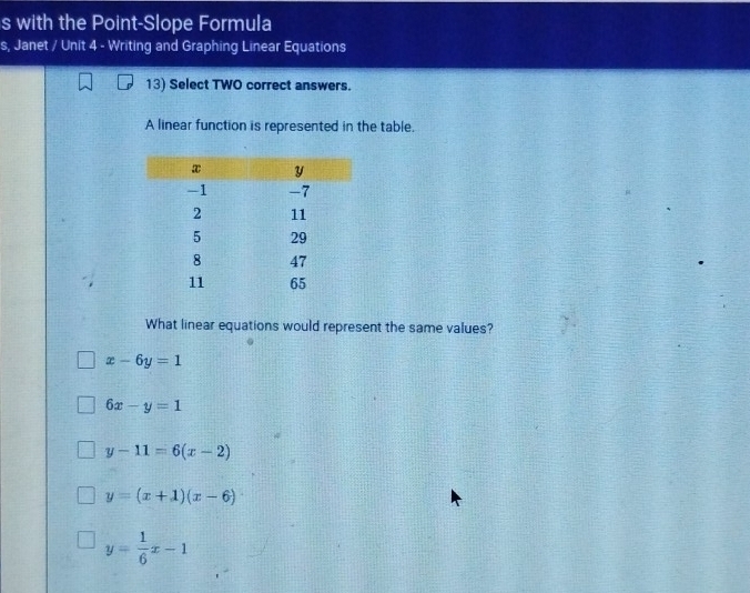 with the Point-Slope Formula
s, Janet / Unit 4 - Writing and Graphing Linear Equations
13) Select TWO correct answers.
A linear function is represented in the table.
What linear equations would represent the same values?
x-6y=1
6x-y=1
y-11=6(x-2)
y=(x+1)(x-6)
y= 1/6 x-1