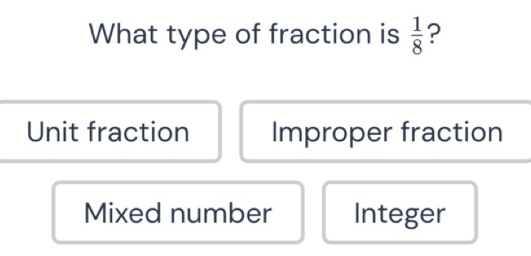 Solved: What type of fraction is 1/8 ? Unit fraction Improper fraction ...