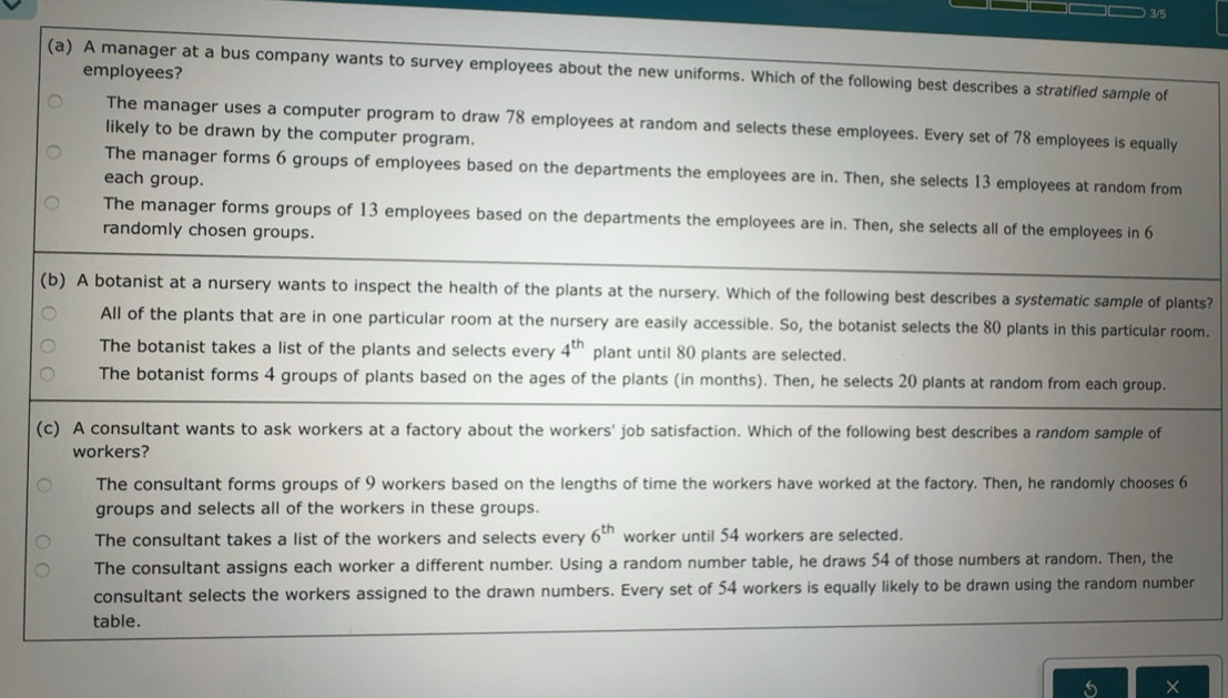 Solved: 3/5 (a) A manager at a bus company wants to survey employees ...