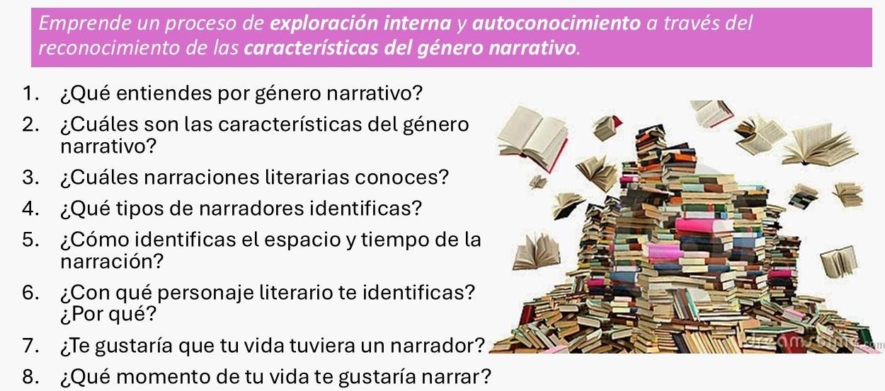 Emprende un proceso de exploración interna y autoconocimiento a través del 
reconocimiento de las características del género narrativo. 
1. ¿Qué entiendes por género narrativo? 
2. ¿Cuáles son las características del género 
narrativo? 
3. ¿Cuáles narraciones literarias conoces? 
4. ¿Qué tipos de narradores identificas? 
5. ¿Cómo identificas el espacio y tiempo de l 
narración? 
6. ¿Con qué personaje literario te identificas? 
¿Por qué? 
7. ¿Te gustaría que tu vida tuviera un narrador 
8. ¿Qué momento de tu vida te gustaría narrar?