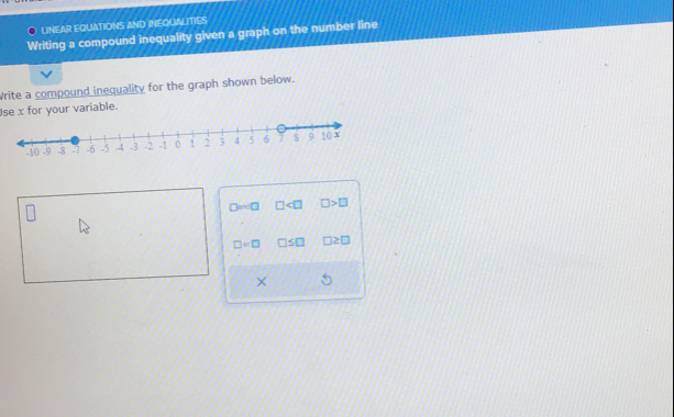 UNEAR EQUATIONS AND INEQUALITIES 
Writing a compound inequality given a graph on the number line 
Write a compound inequality for the graph shown below. 
se x for your variable.
□ ≌ ∠ L □ □ >□
□ =□ □ ≤ □ □ ≥ □
×