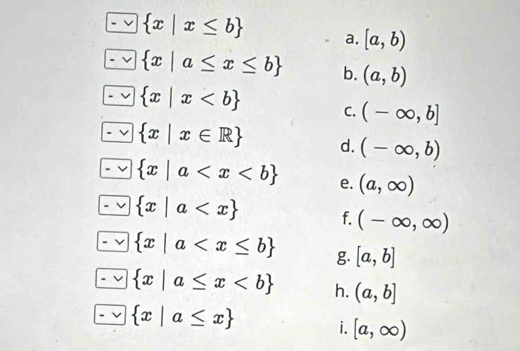  x|x≤ b
a. [a,b)
 x|a≤ x≤ b b. (a,b)
 x|x
C. (-∈fty ,b]
 x|x∈ R
d. (-∈fty ,b)
 x|a e. (a,∈fty )
 x|a
f. (-∈fty ,∈fty )
 x|a g. [a,b]
 x|a≤ x h. (a,b]
 x|a≤ x
i. [a,∈fty )