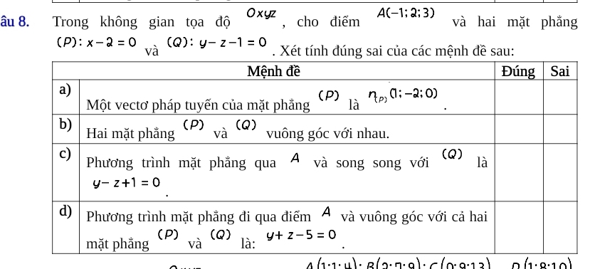 âu 8. Trong không gian tọa độ Oxyz , cho điểm A(-1;2;3) và hai mặt phắng
(P): x-2=0 và (Q):y-z-1=0. Xét tính đúng sai của các mệnh đề sau:
A(1· 1· 4)· B(2· n· 9)· C(0· 0· 13) (1· 8· 10)