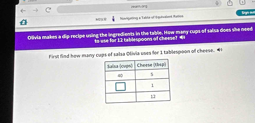 zearn.org 
M2|L12 Navigating a Table of Equivalent Ratios Sign out 
Olivia makes a dip recipe using the ingredients in the table. How many cups of salsa does she need 
to use for 12 tablespoons of cheese? 
First find how many cups of salsa Olivia uses for 1 tablespoon of cheese.